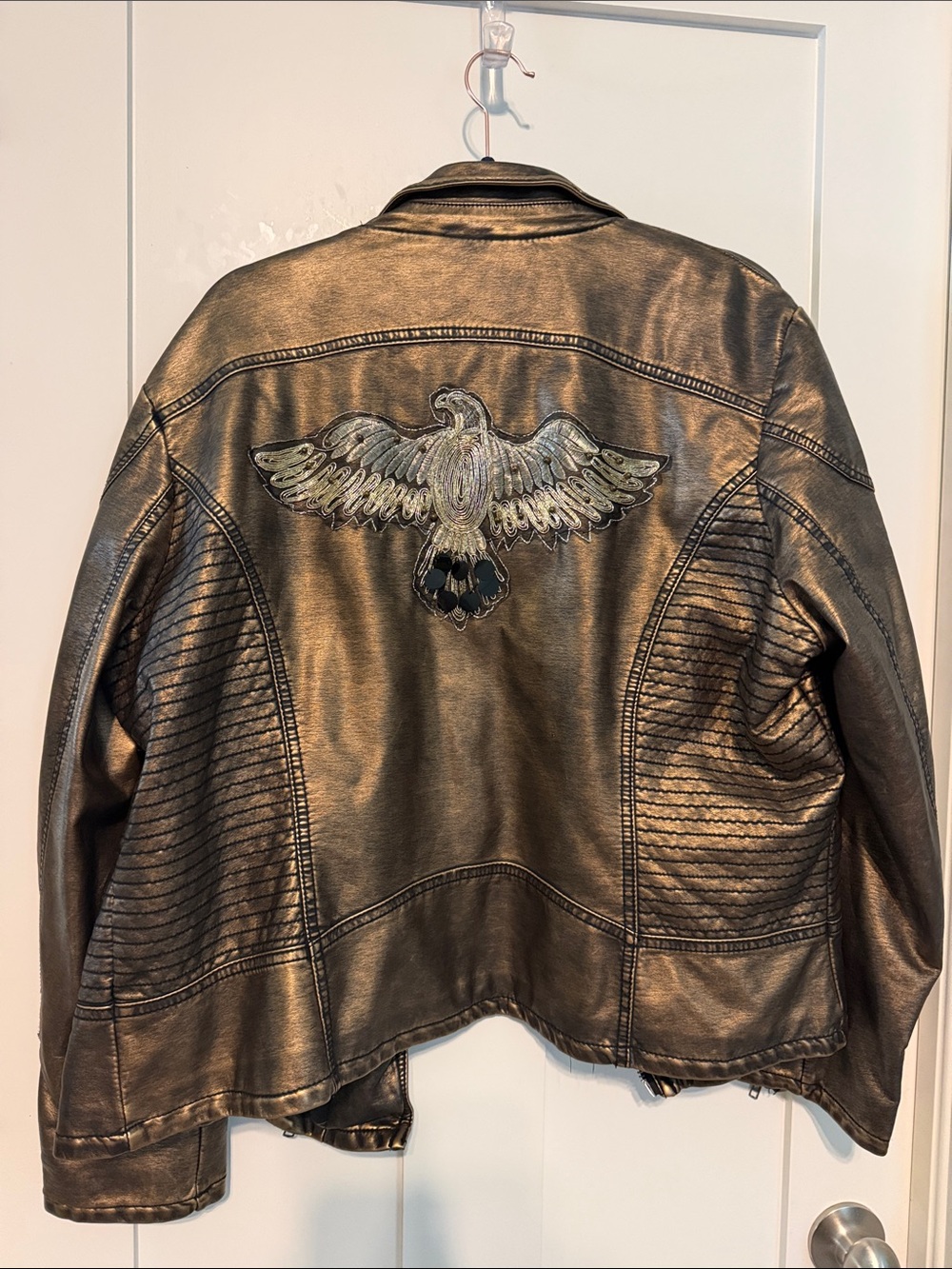Sheryl Crow Metallic Bronze Vegan Leather Jacket with Thunderbird
